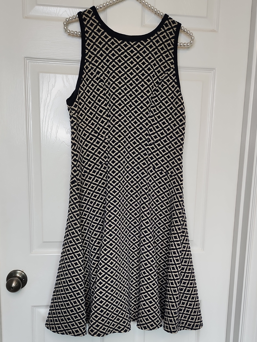 Karen Kane Womens Sleeveless Blue Cream Diamond Print Round Neck Dress Large - Picture 2 of 8